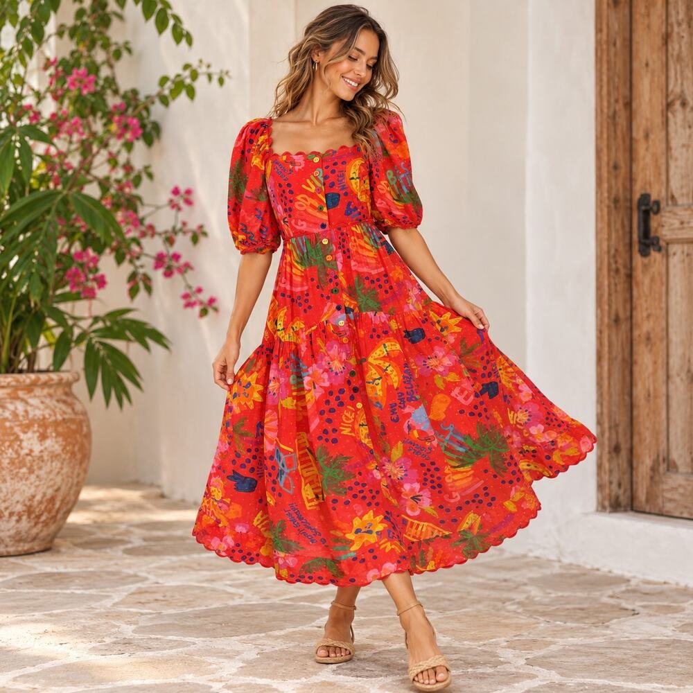 FARM Rio Red Good Vibes Midi Dress Size Small